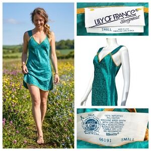 Vintage Lily of France Slip Green Satin ILGWU Union Made S Fairy Goth 70s USA